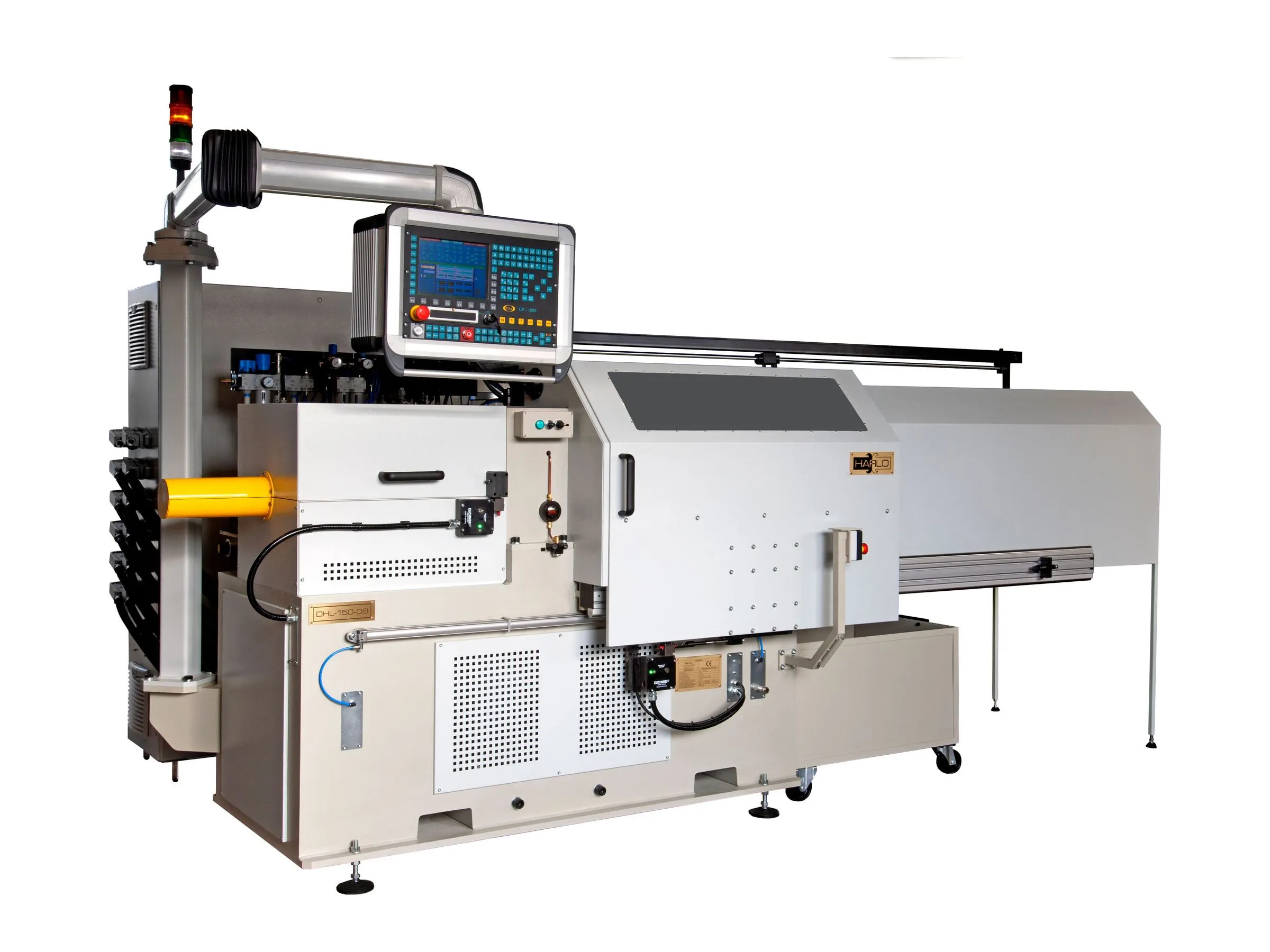 Harlo DHL-150 friction welding machine in front of a white background: light-coloured machine body, operator panel and long loading table