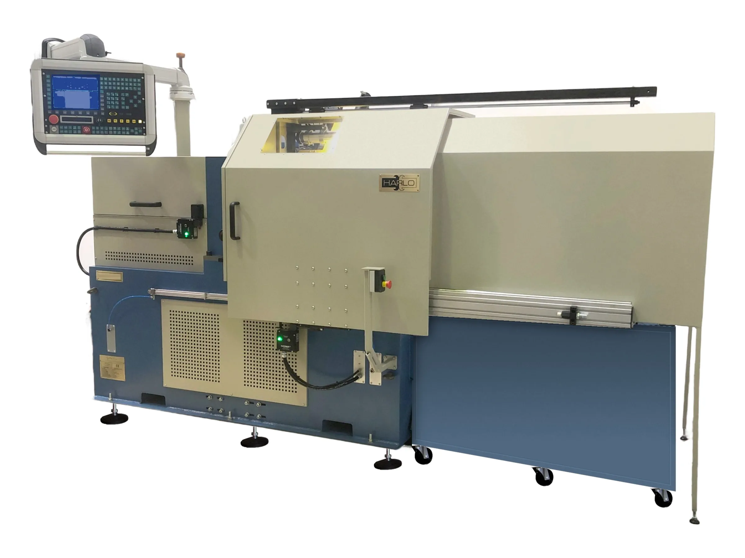 Harlo DHL-300 friction welding machine in front of a white background: blue base frame, light-coloured enclosure, operator panel on the left, long loading table on the right