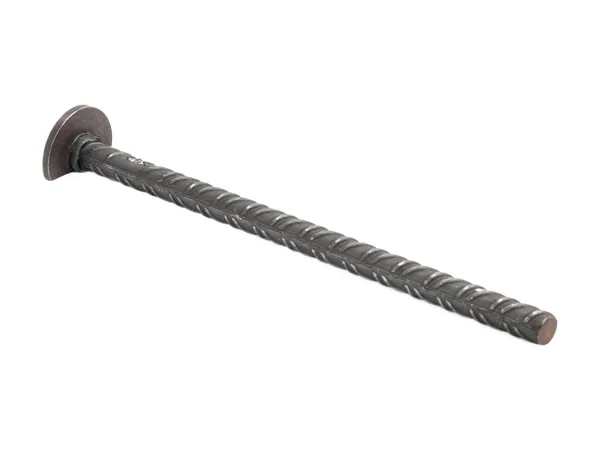 Ribbed rebar on a white background, with a disc head welded to its end