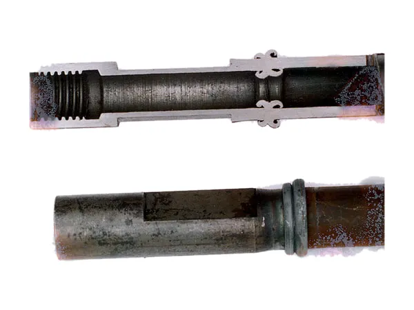 Drill pipe tool joint on a white background: a longitudinal section with the tapered thread and the weld flash at the top, the welded joint below