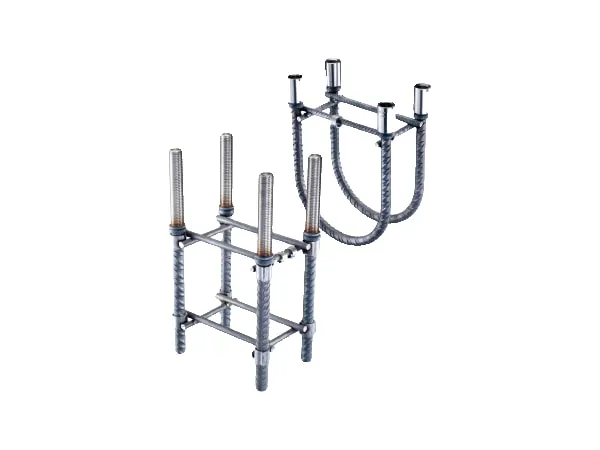 Rebar cages with threaded anchor elements, on a white background